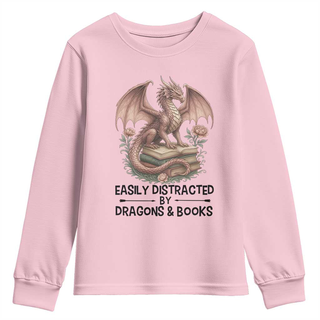 Easily Distracted By Dragon And Books Youth Sweatshirt Funny Book Lover TS12 Light Pink Print Your Wear