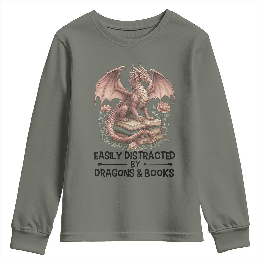Easily Distracted By Dragon And Books Youth Sweatshirt Funny Book Lover TS12 Military Green Print Your Wear
