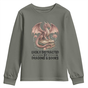Easily Distracted By Dragon And Books Youth Sweatshirt Funny Book Lover TS12 Military Green Print Your Wear