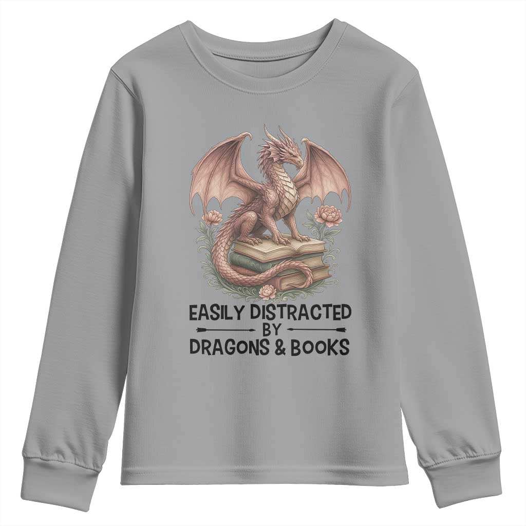 Easily Distracted By Dragon And Books Youth Sweatshirt Funny Book Lover TS12 Sport Gray Print Your Wear