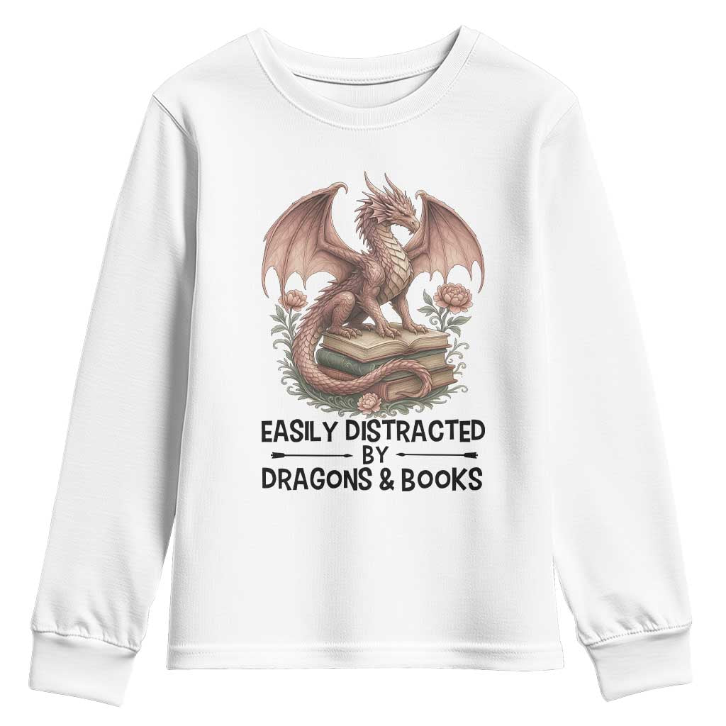 Easily Distracted By Dragon And Books Youth Sweatshirt Funny Book Lover TS12 White Print Your Wear