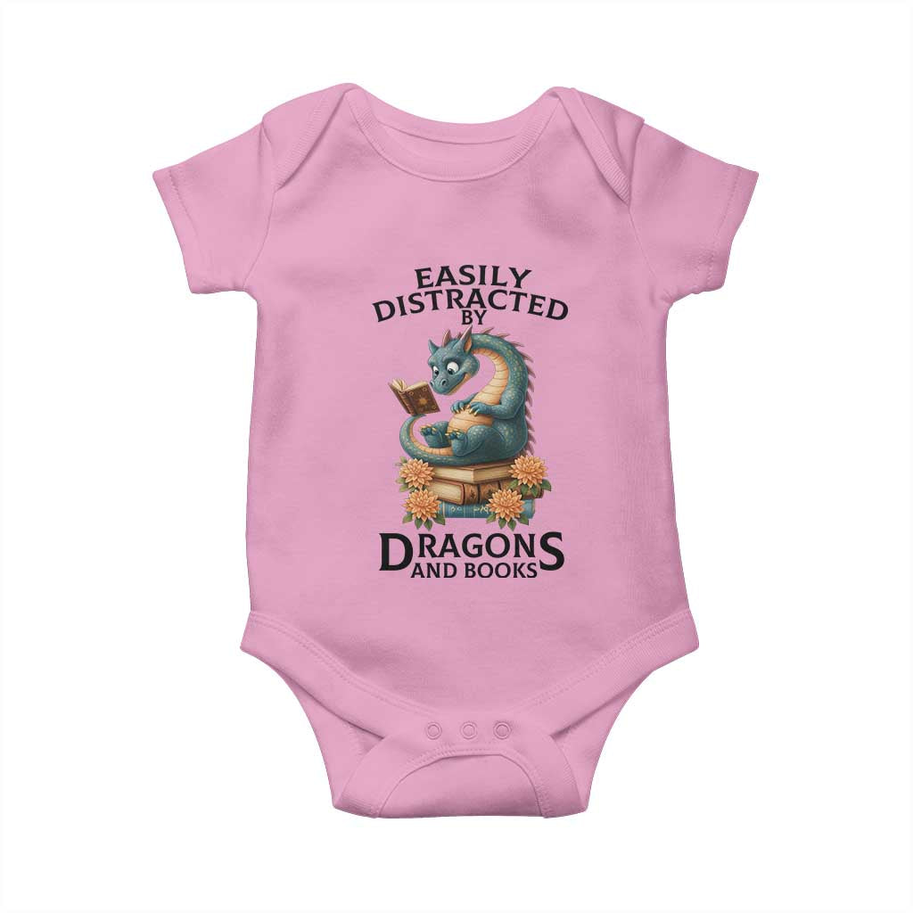 Easily Distracted By Dragon And Books Baby Onesie Cute Book Lover Gift TS12 Light Pink Print Your Wear