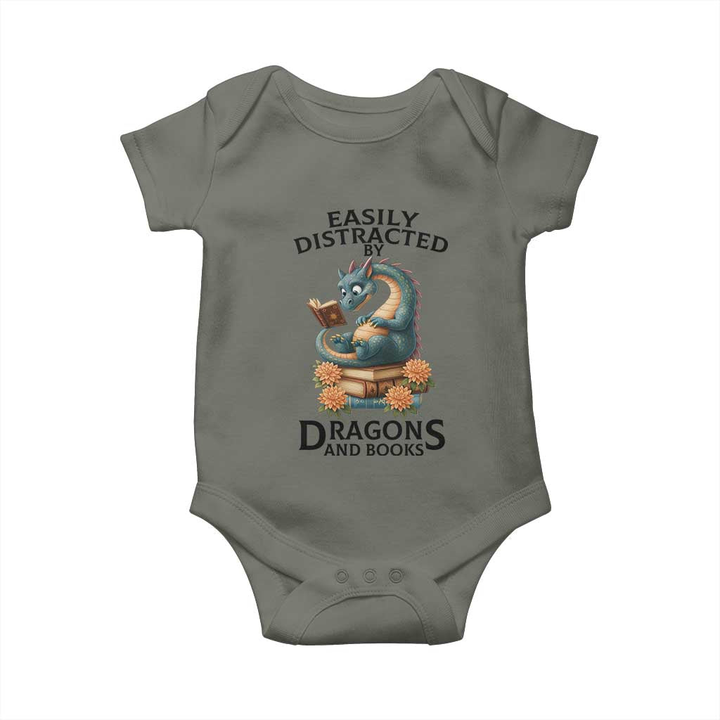 Easily Distracted By Dragon And Books Baby Onesie Cute Book Lover Gift TS12 Military Green Print Your Wear