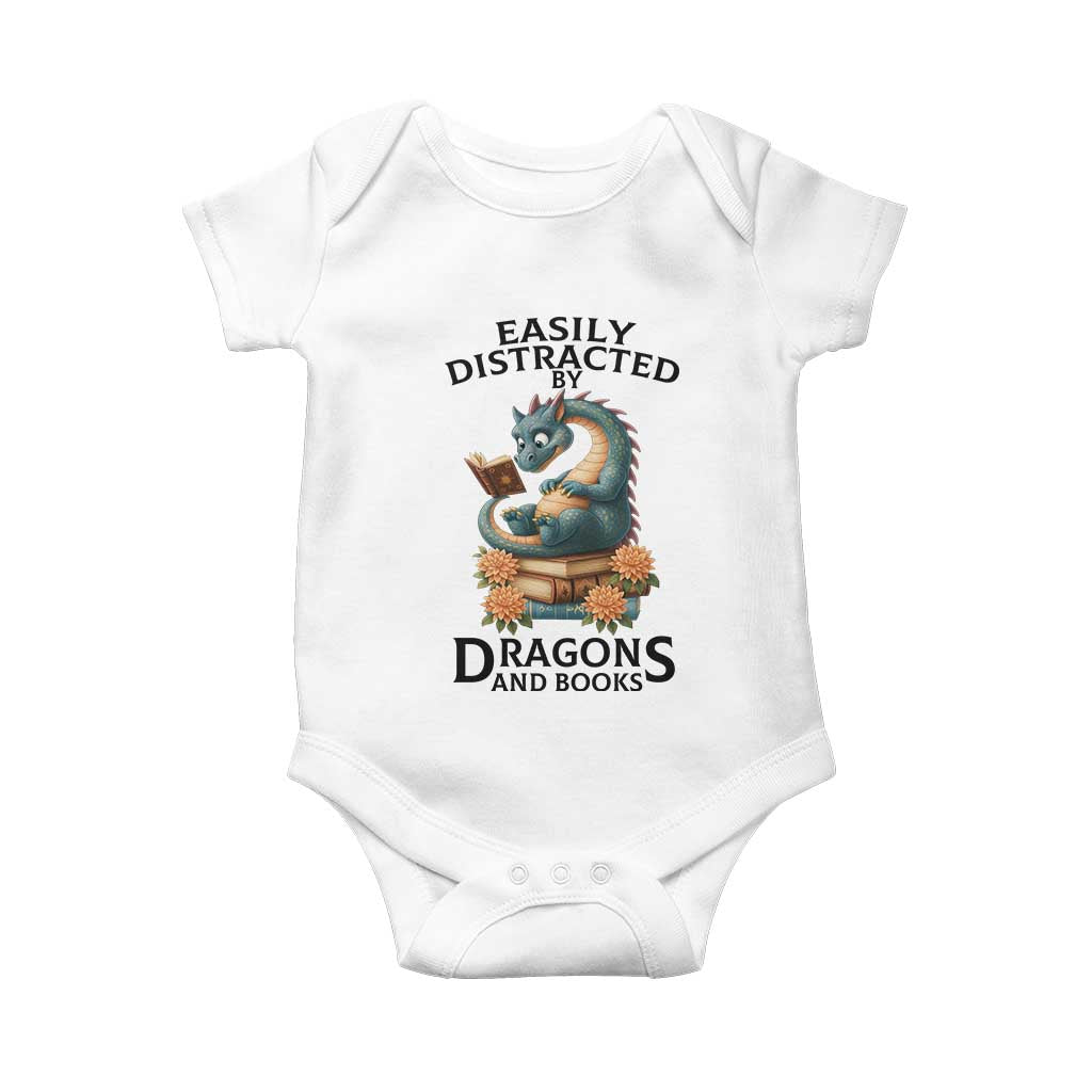Easily Distracted By Dragon And Books Baby Onesie Cute Book Lover Gift TS12 White Print Your Wear