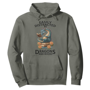 Easily Distracted By Dragon And Books Hoodie Cute Book Lover Gift TS12 Military Green Print Your Wear