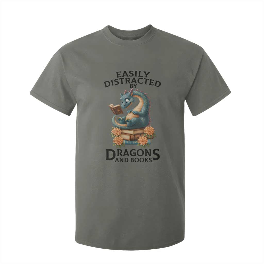 Easily Distracted By Dragon And Books T Shirt For Kid Cute Book Lover Gift TS12 Military Green Print Your Wear