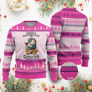 Easily Distracted By Dragon And Books Ugly Christmas Sweater Cute Book Lover Gift TS12 Hot Pink Print Your Wear
