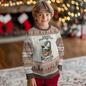 Easily Distracted By Dragon And Books Ugly Christmas Sweater Cute Book Lover Gift TS12 Mocha Mousse Print Your Wear