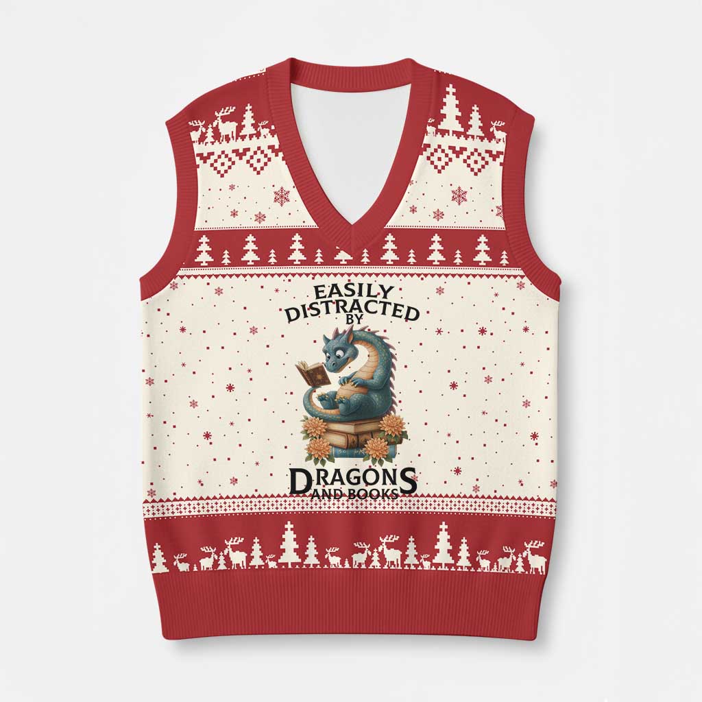 Easily Distracted By Dragon And Books V-Neck Knit Sweater Vest Cute Book Lover Gift TS12 Beige Red Print Your Wear