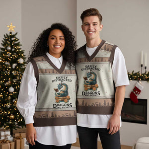Easily Distracted By Dragon And Books V-Neck Knit Sweater Vest Cute Book Lover Gift TS12 Mocha Mousse Print Your Wear