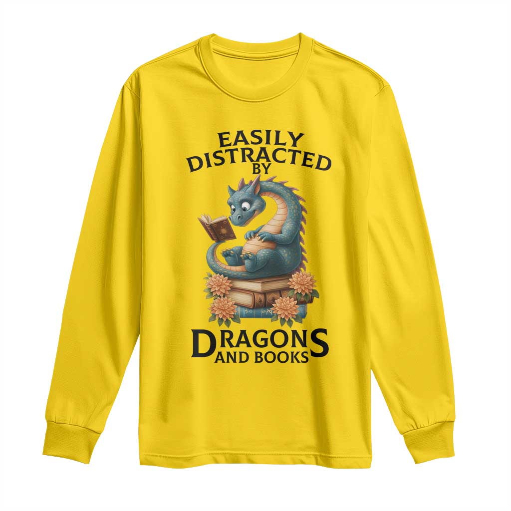 Easily Distracted By Dragon And Books Long Sleeve Shirt Cute Book Lover Gift TS12 Daisy Print Your Wear