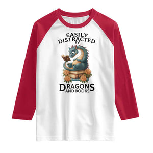 Easily Distracted By Dragon And Books Raglan Shirt Cute Book Lover Gift TS12 White Red Print Your Wear