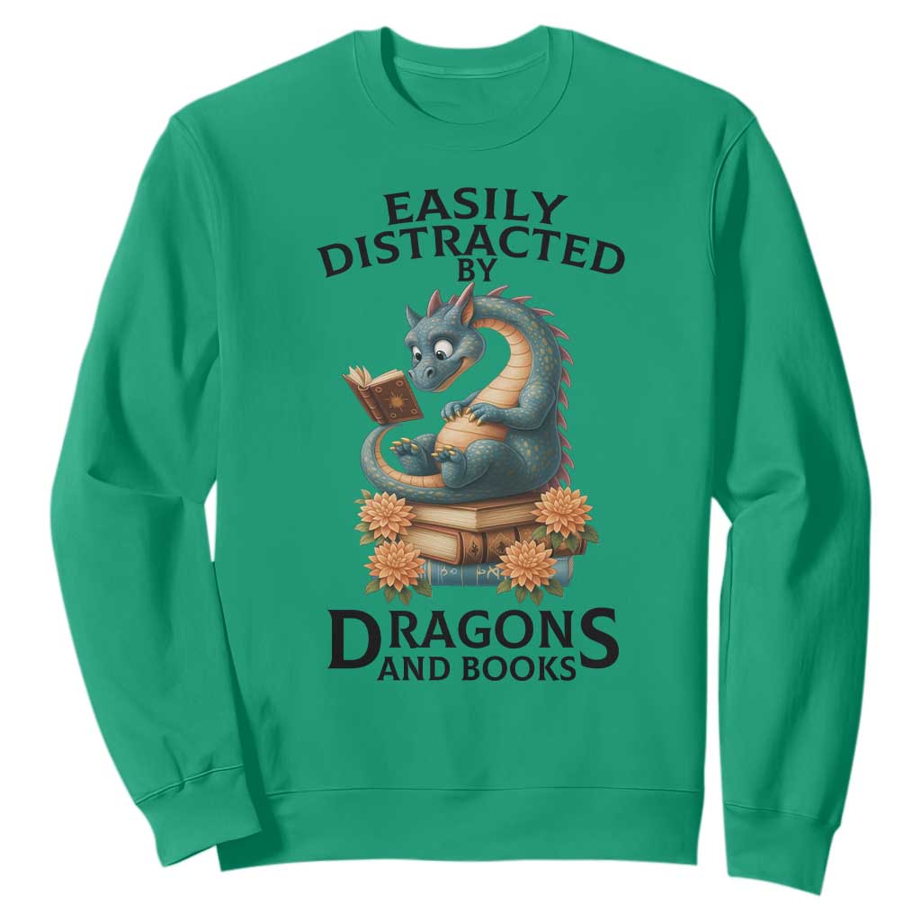 Easily Distracted By Dragon And Books Sweatshirt Cute Book Lover Gift TS12 Irish Green Print Your Wear