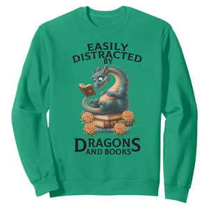 Easily Distracted By Dragon And Books Sweatshirt Cute Book Lover Gift TS12 Irish Green Print Your Wear