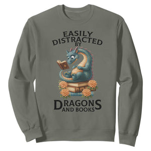 Easily Distracted By Dragon And Books Sweatshirt Cute Book Lover Gift TS12 Military Green Print Your Wear