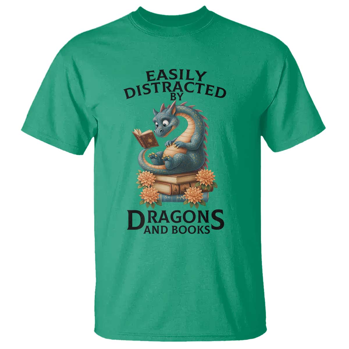 Easily Distracted By Dragon And Books T Shirt Cute Book Lover Gift TS12 Irish Green Print Your Wear