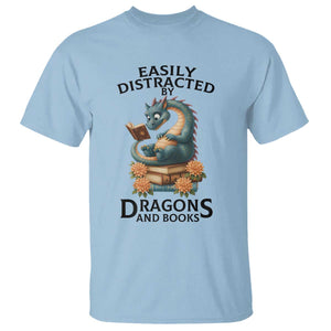 Easily Distracted By Dragon And Books T Shirt Cute Book Lover Gift TS12 Light Blue Print Your Wear