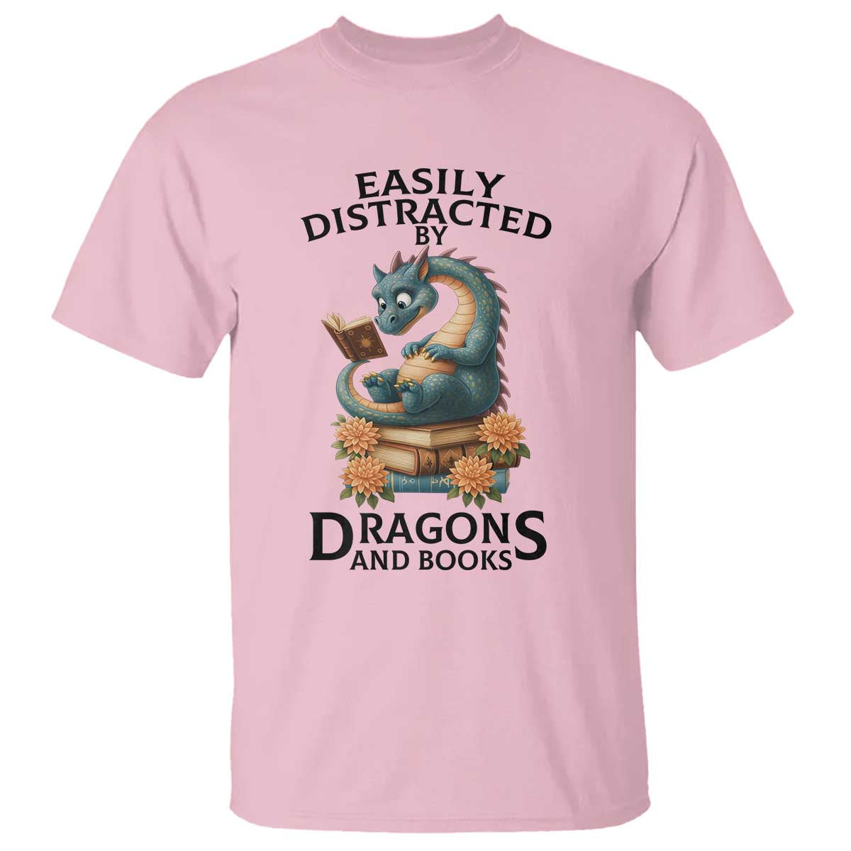 Easily Distracted By Dragon And Books T Shirt Cute Book Lover Gift TS12 Light Pink Print Your Wear