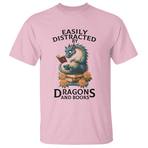 Easily Distracted By Dragon And Books T Shirt Cute Book Lover Gift TS12 Light Pink Print Your Wear
