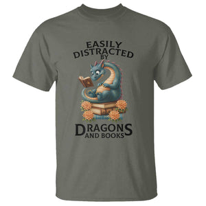 Easily Distracted By Dragon And Books T Shirt Cute Book Lover Gift TS12 Military Green Print Your Wear