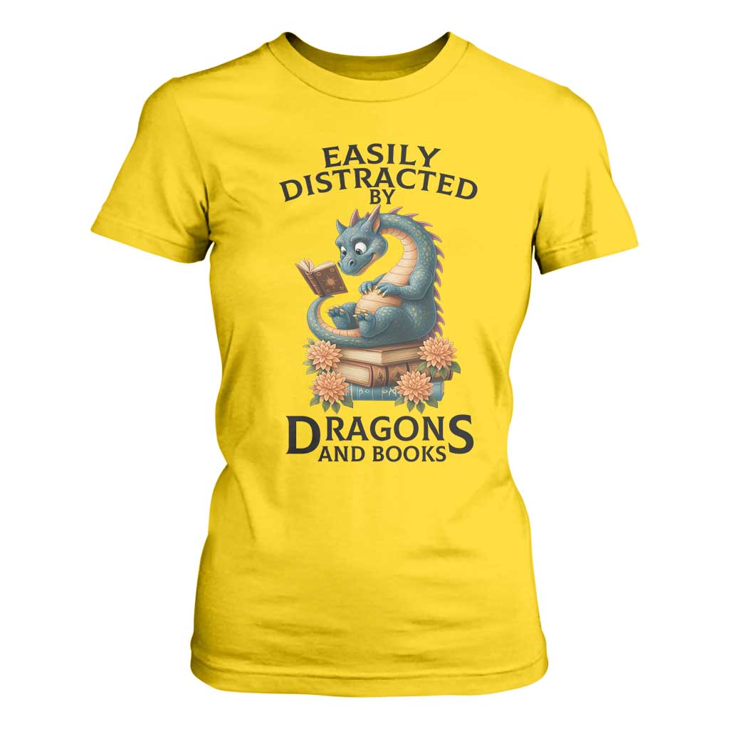 Easily Distracted By Dragon And Books T Shirt For Women Cute Book Lover Gift TS12 Daisy Print Your Wear