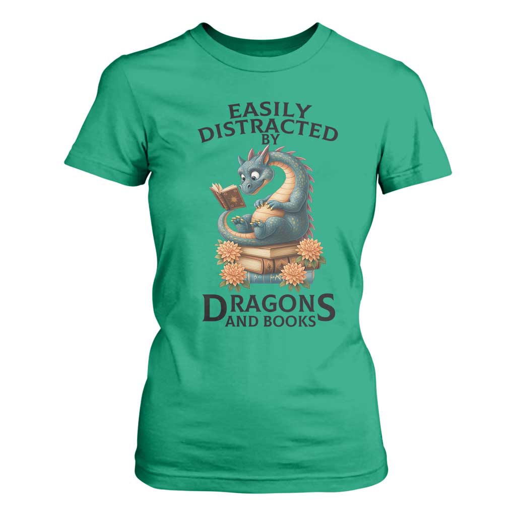 Easily Distracted By Dragon And Books T Shirt For Women Cute Book Lover Gift TS12 Irish Green Print Your Wear