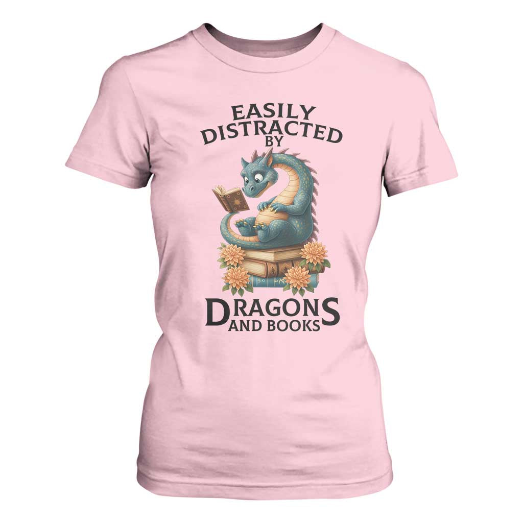 Easily Distracted By Dragon And Books T Shirt For Women Cute Book Lover Gift TS12 Light Pink Print Your Wear