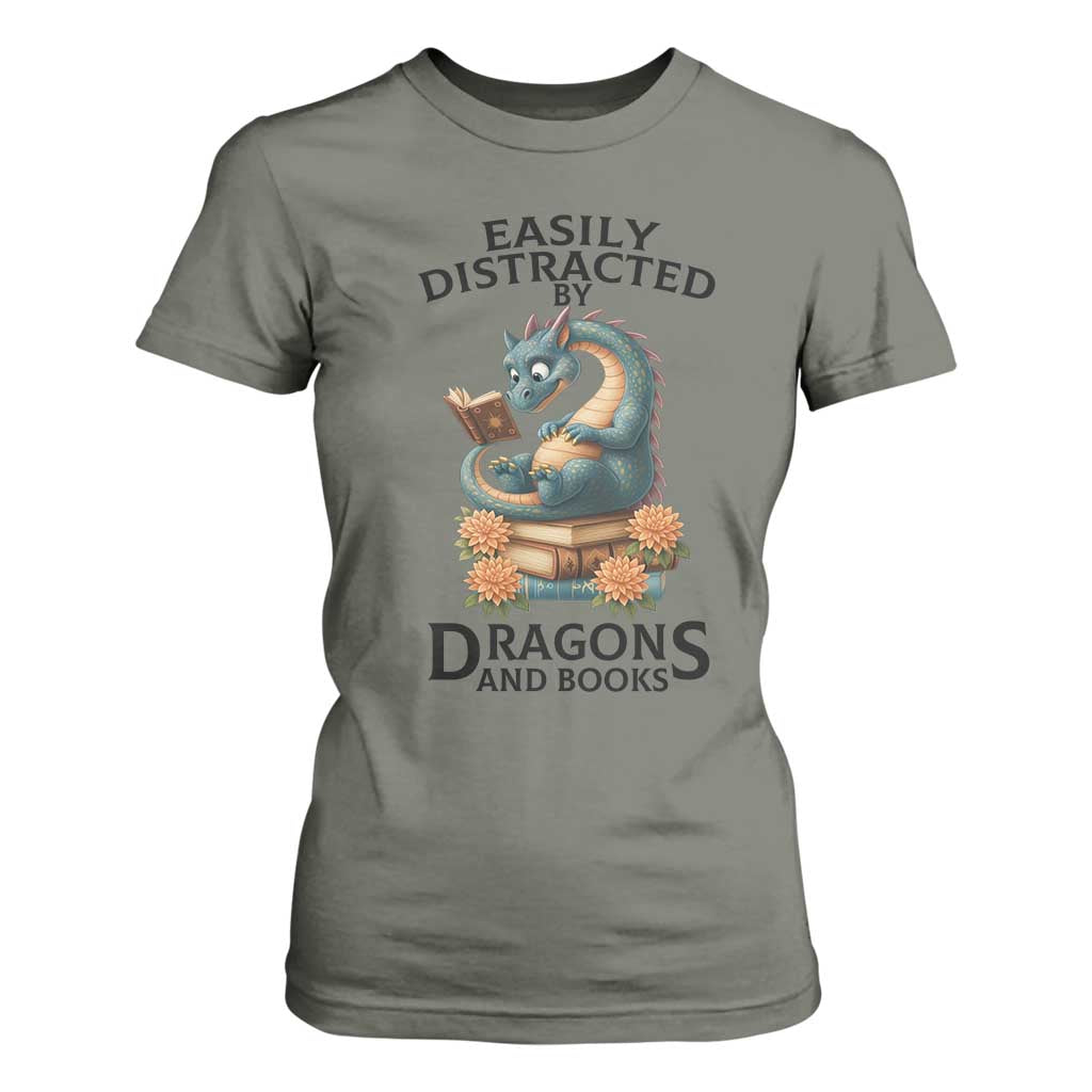 Easily Distracted By Dragon And Books T Shirt For Women Cute Book Lover Gift TS12 Military Green Print Your Wear