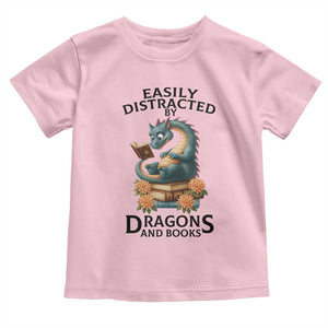 Easily Distracted By Dragon And Books Toddler T Shirt Cute Book Lover Gift TS12 Light Pink Print Your Wear