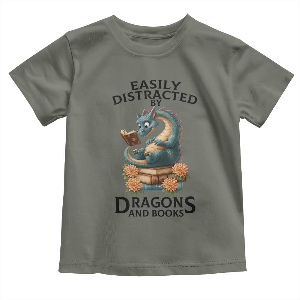 Easily Distracted By Dragon And Books Toddler T Shirt Cute Book Lover Gift TS12 Military Green Print Your Wear