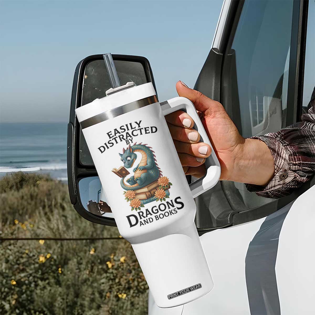 Easily Distracted By Dragon And Books Tumbler With Handle Cute Book Lover Gift TS12 Print Your Wear