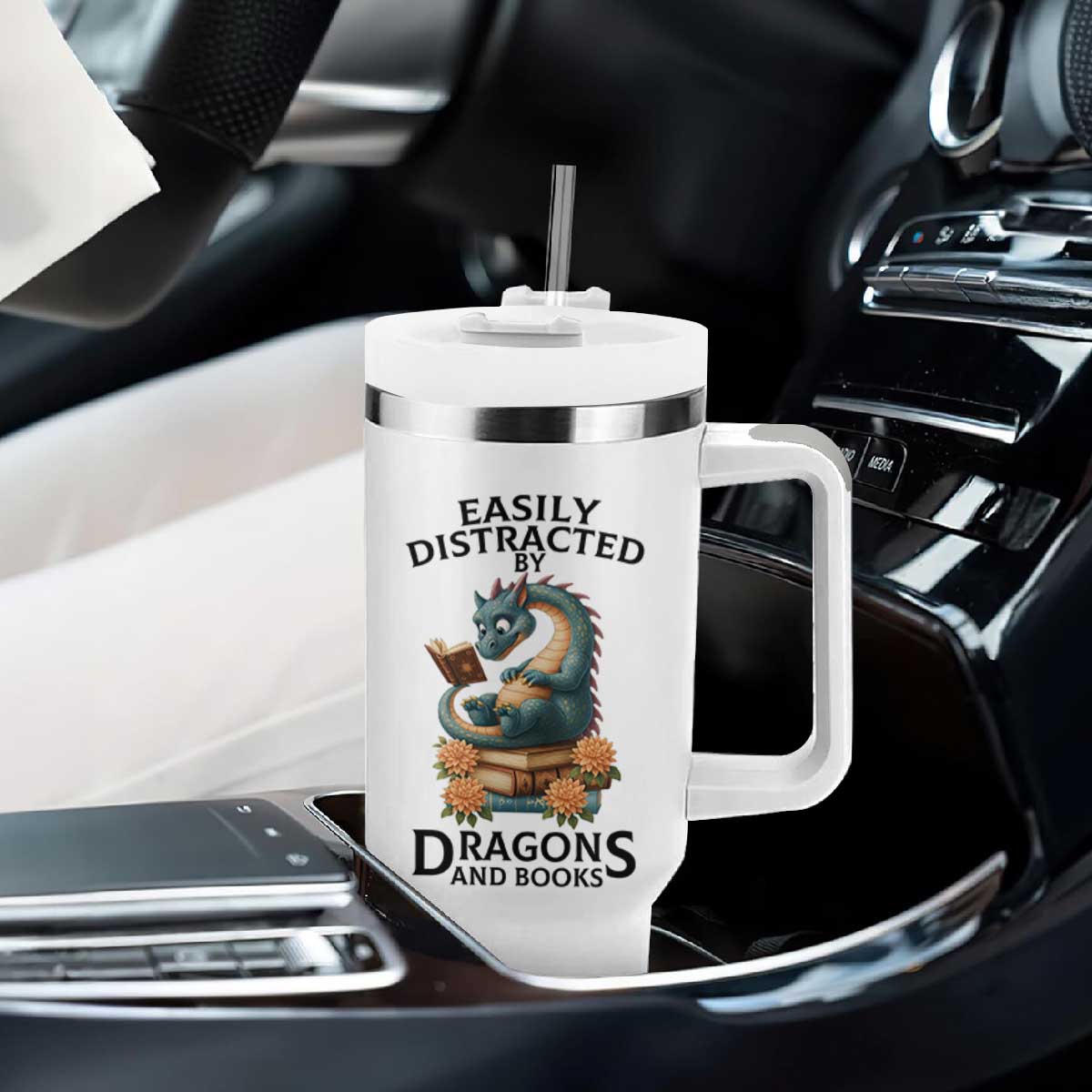 Easily Distracted By Dragon And Books Tumbler With Handle Cute Book Lover Gift TS12 Print Your Wear