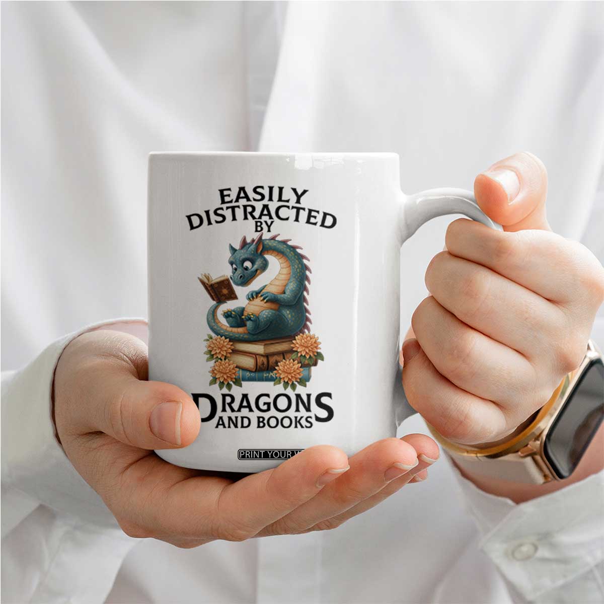 Easily Distracted By Dragon And Books Coffee Mug Cute Book Lover Gift TS12 Print Your Wear
