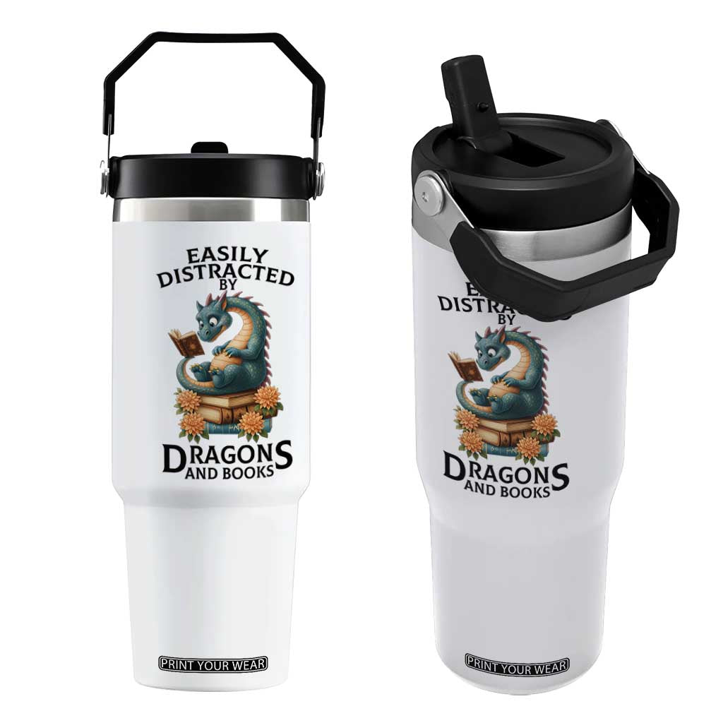 Easily Distracted By Dragon And Books Flip Straw Tumbler Cute Book Lover Gift TS12 One Size: 30 oz White Print Your Wear