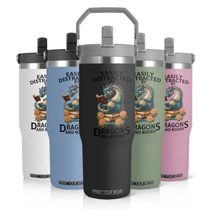Easily Distracted By Dragon And Books Flip Straw Tumbler Cute Book Lover Gift TS12 Print Your Wear