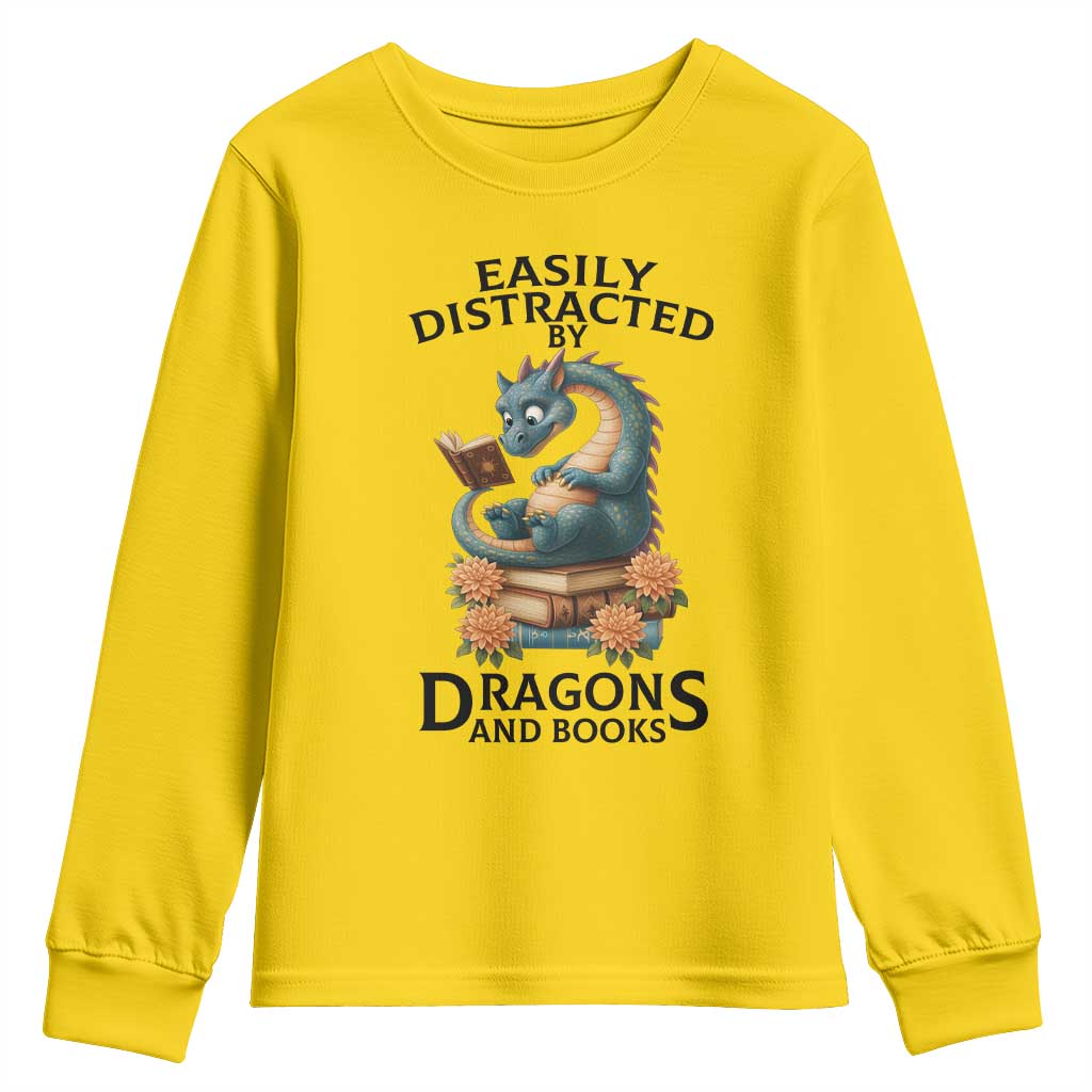 Easily Distracted By Dragon And Books Youth Sweatshirt Cute Book Lover Gift TS12 Daisy Print Your Wear