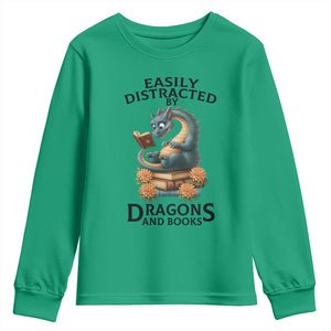 Easily Distracted By Dragon And Books Youth Sweatshirt Cute Book Lover Gift TS12 Irish Green Print Your Wear