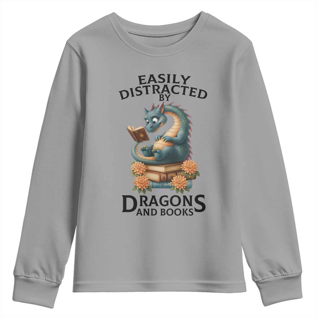 Easily Distracted By Dragon And Books Youth Sweatshirt Cute Book Lover Gift TS12 Sport Gray Print Your Wear