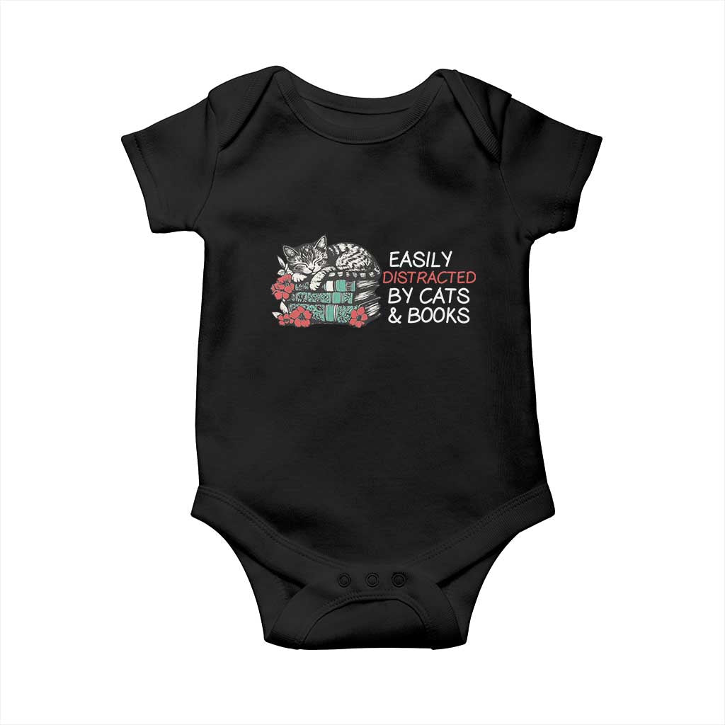 Easily Distracted By Cats And Books Baby Onesie Funny Book Lover Gift TS12 Black Print Your Wear