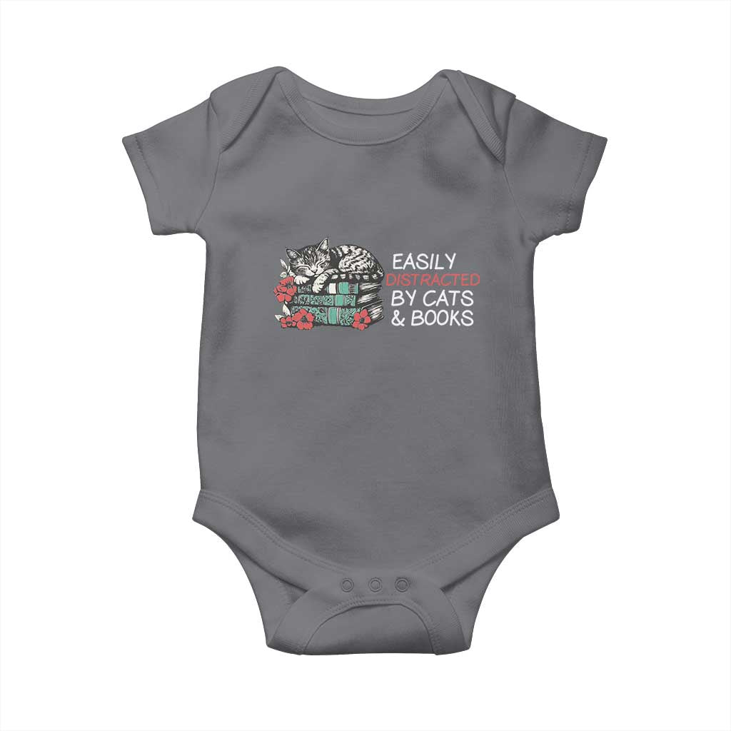 Easily Distracted By Cats And Books Baby Onesie Funny Book Lover Gift TS12 Charcoal Print Your Wear