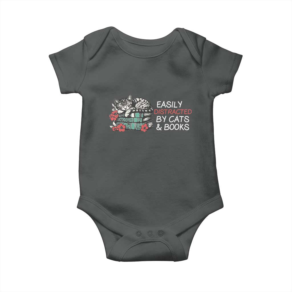 Easily Distracted By Cats And Books Baby Onesie Funny Book Lover Gift TS12 Dark Heather Print Your Wear