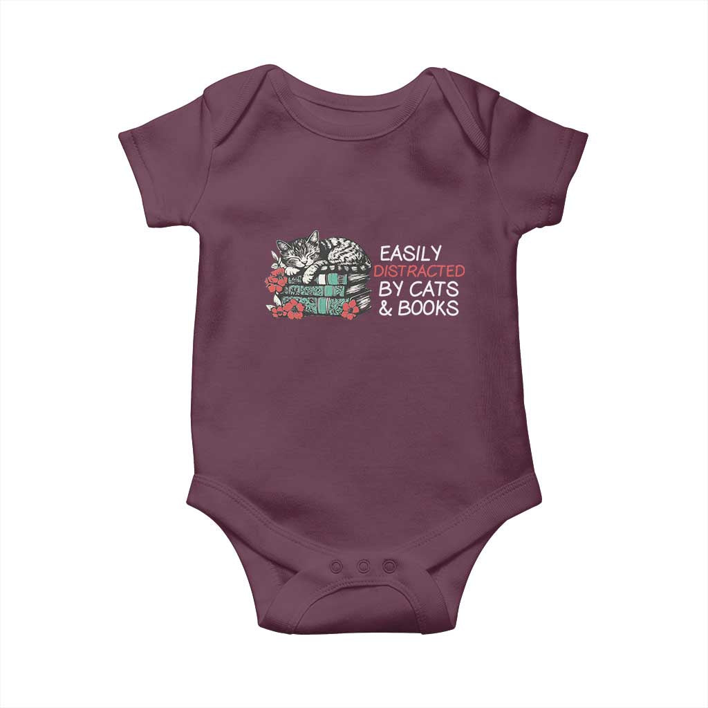 Easily Distracted By Cats And Books Baby Onesie Funny Book Lover Gift TS12 Maroon Print Your Wear