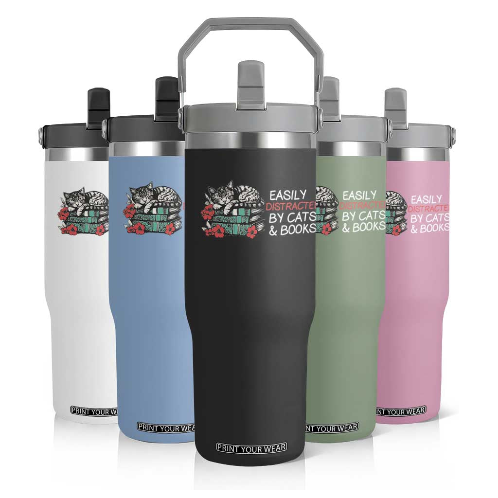 Easily Distracted By Cats And Books Flip Straw Tumbler Funny Book Lover Gift TS12 Print Your Wear