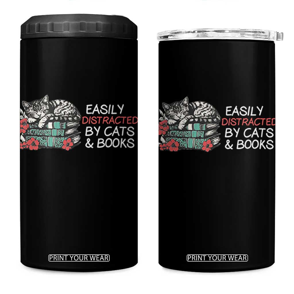 Easily Distracted By Cats And Books 4 in 1 Can Cooler Tumbler Funny Book Lover Gift TS12 One Size: 16 oz Black Print Your Wear