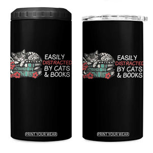 Easily Distracted By Cats And Books 4 in 1 Can Cooler Tumbler Funny Book Lover Gift TS12 One Size: 16 oz Black Print Your Wear
