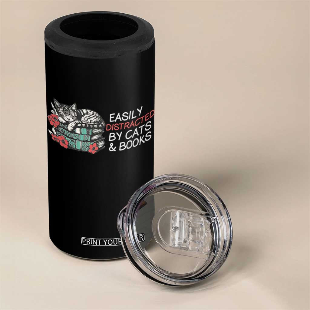 Easily Distracted By Cats And Books 4 in 1 Can Cooler Tumbler Funny Book Lover Gift TS12 Print Your Wear