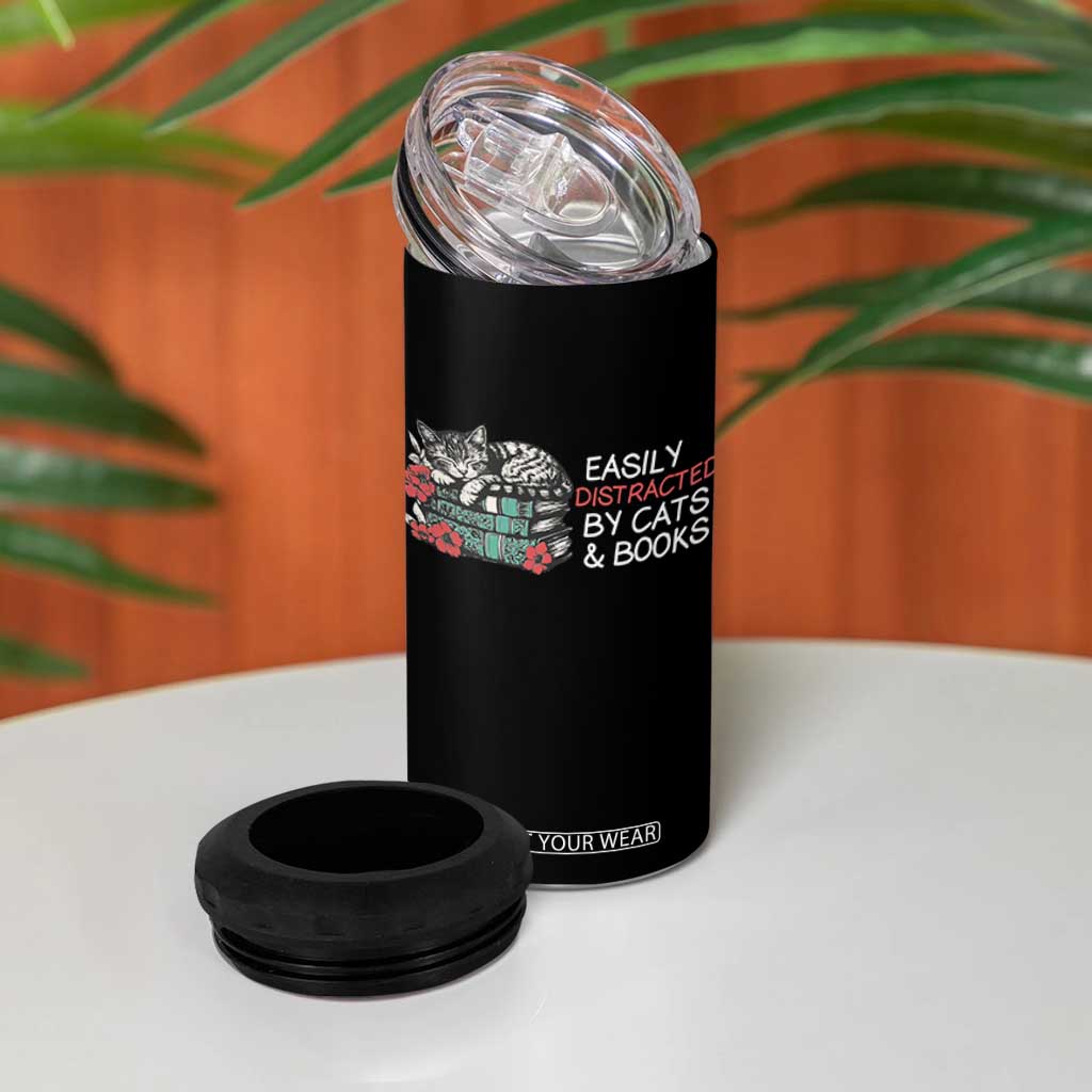 Easily Distracted By Cats And Books 4 in 1 Can Cooler Tumbler Funny Book Lover Gift TS12 Print Your Wear