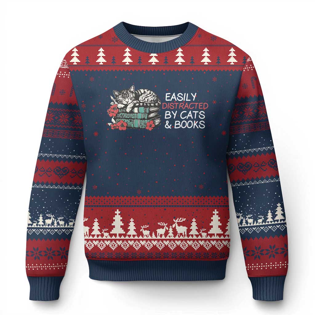 Easily Distracted By Cats And Books Ugly Christmas Sweater Funny Book Lover Gift TS12 Navy Red Print Your Wear