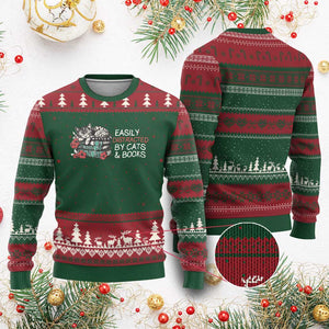 Easily Distracted By Cats And Books Ugly Christmas Sweater Funny Book Lover Gift TS12 Red Green Print Your Wear