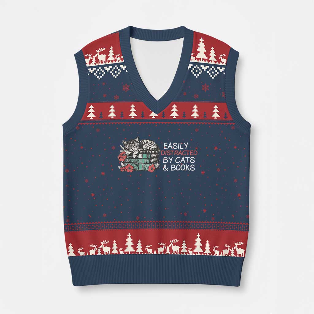 Easily Distracted By Cats And Books V-Neck Knit Sweater Vest Funny Book Lover Gift TS12 Navy Red Print Your Wear